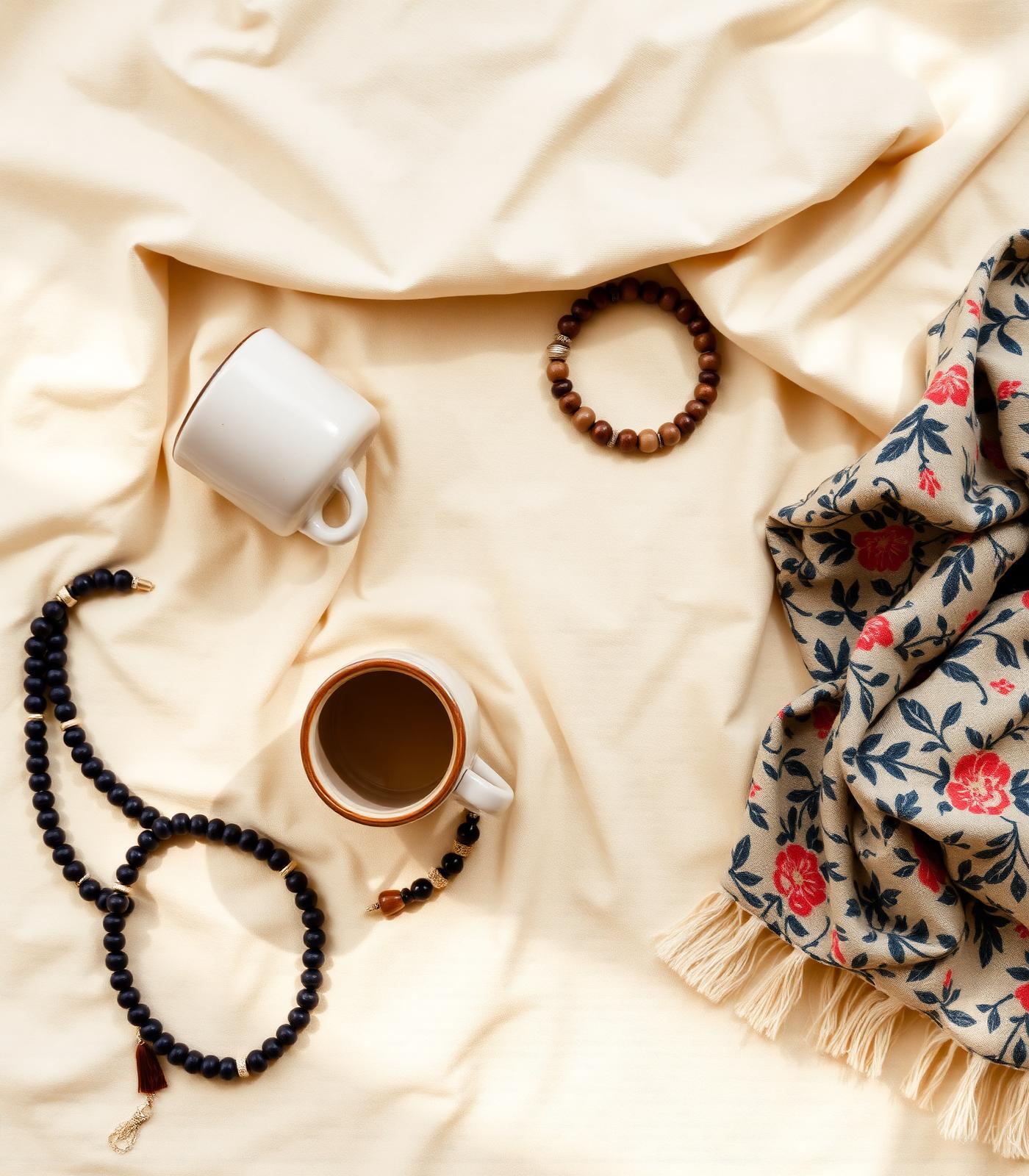 A flat-lay of handmade ceramic, textile, and beaded objects
